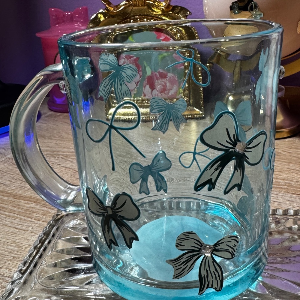 Decorative Glass Mug with Teal Bow Accents